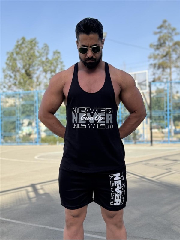 ست ورزشي مردانه مردانه ركابي و شلوارك بند نازك Never Give Up